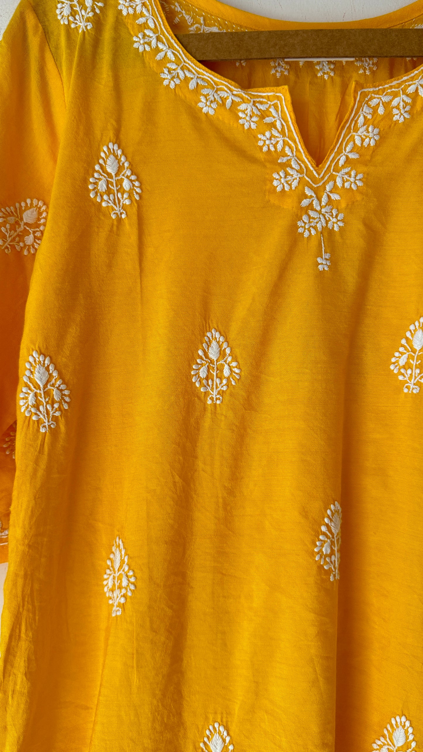 Yellow Cotton silk Kurta with white Chikankari embroidery