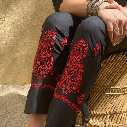 Black cotton straight pants with red chikankari embroidery