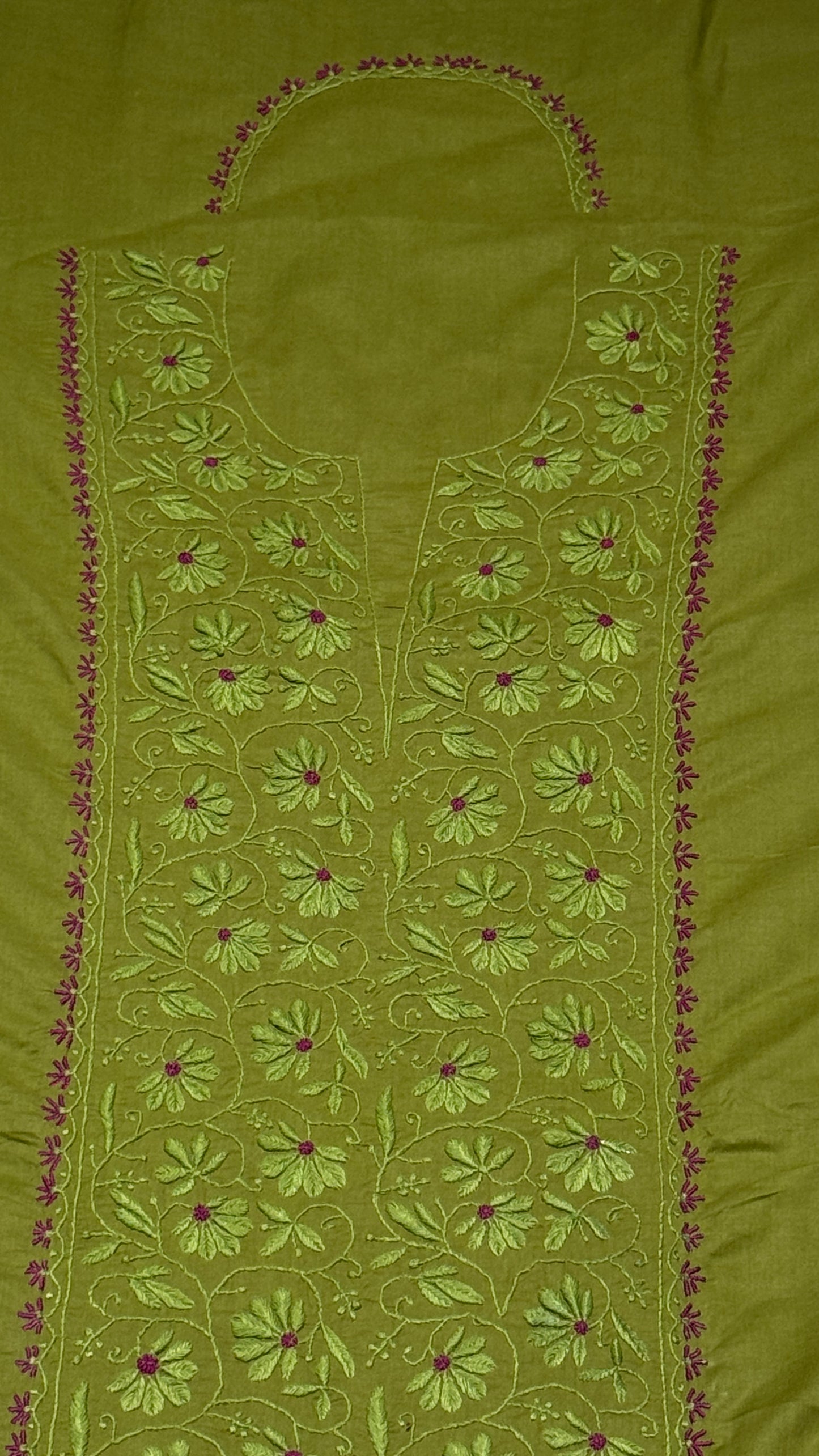 Olive green with pink - Unstitched kurta/ top piece in cotton