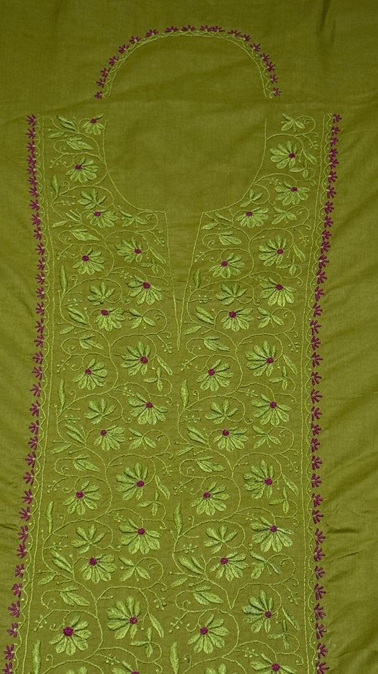 Olive green with pink - Unstitched kurta/ top piece in cotton