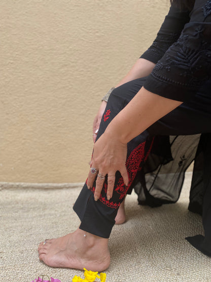 Black cotton straight pants with red chikankari embroidery