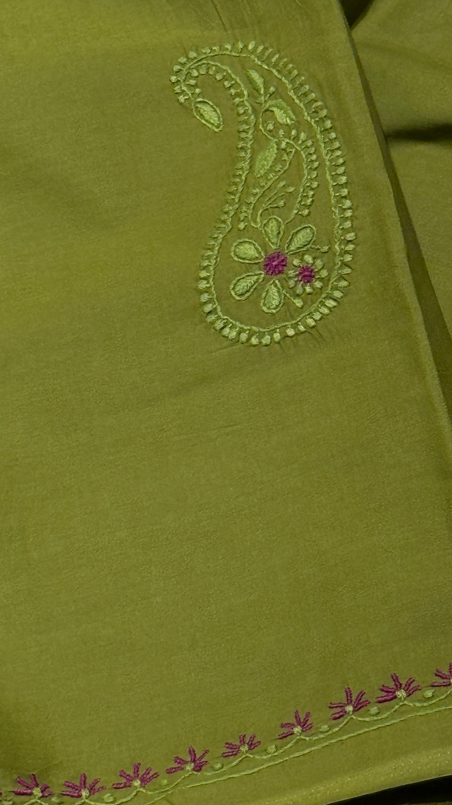 Olive green with pink - Unstitched kurta/ top piece in cotton