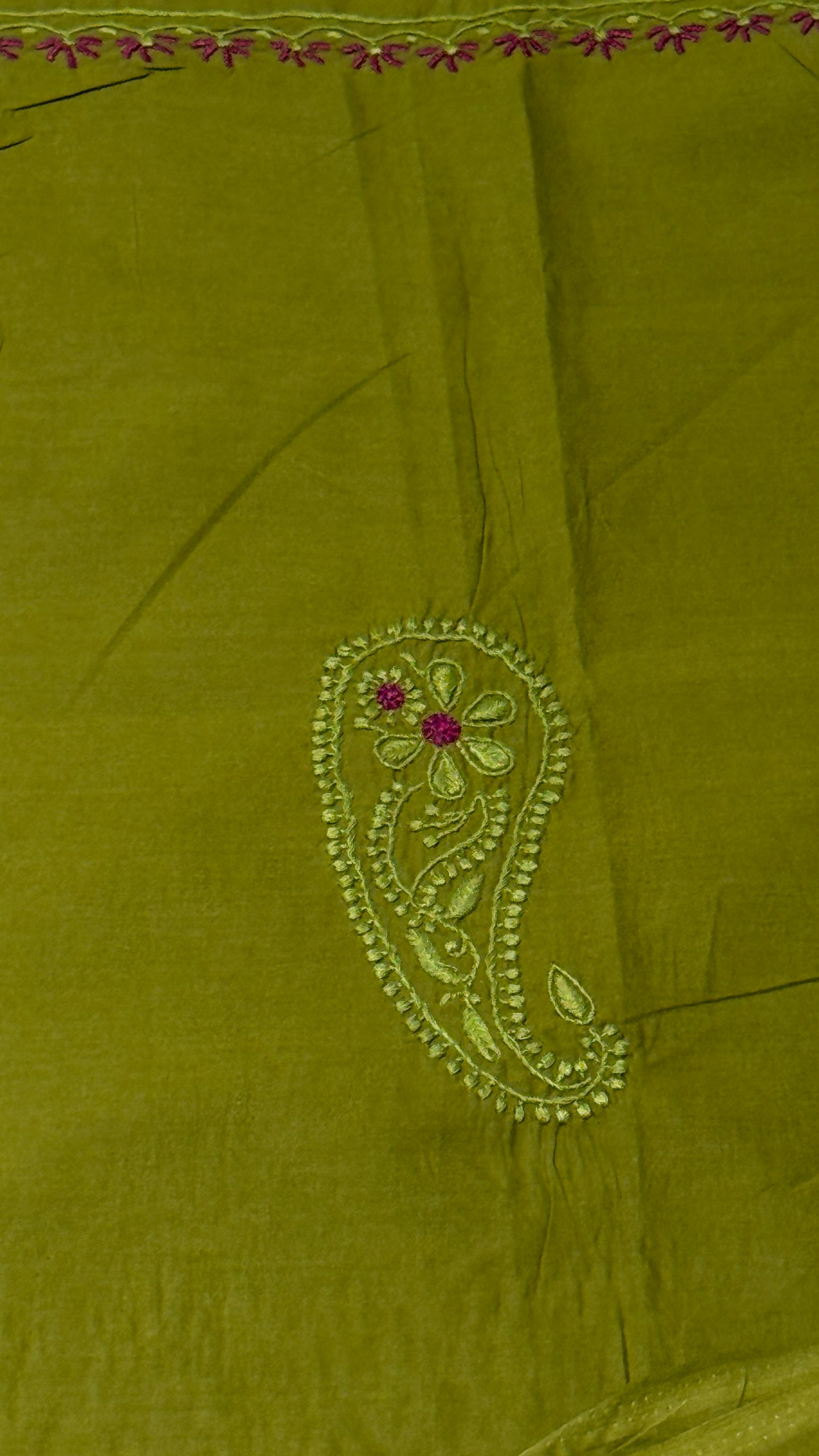 Olive green with pink - Unstitched kurta/ top piece in cotton