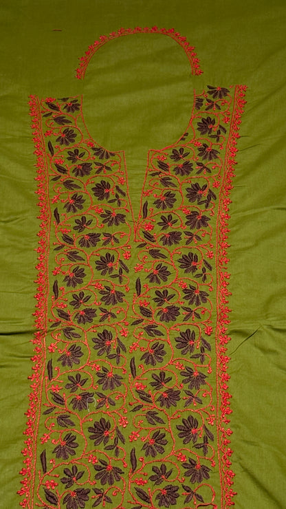 Olive green with red & pink - Unstitched kurta/ top piece in cotton