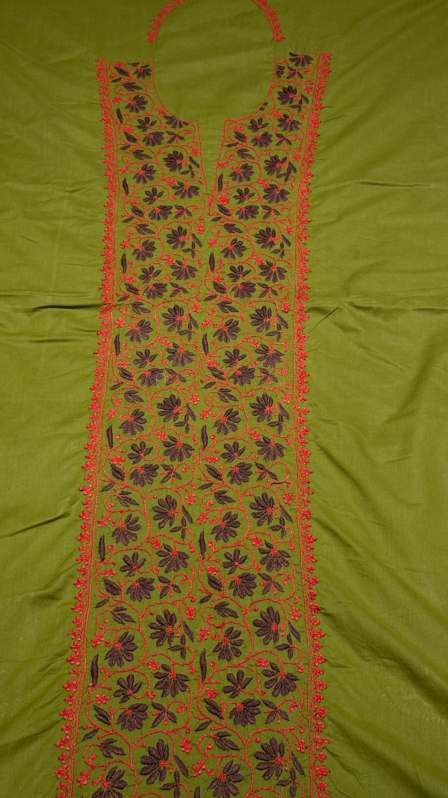 Olive green with red & pink - Unstitched kurta/ top piece in cotton