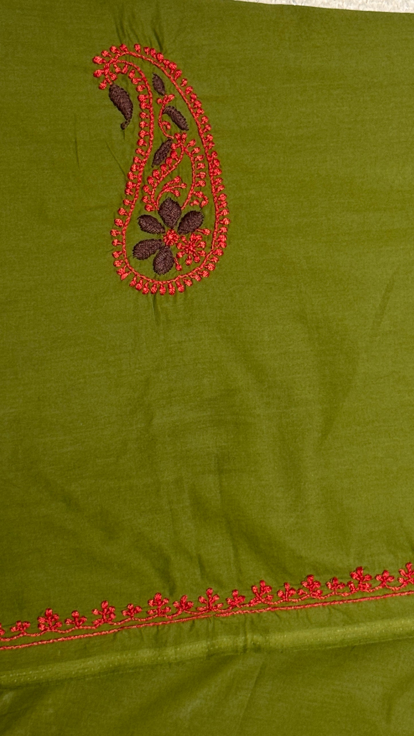 Olive green with red & pink - Unstitched kurta/ top piece in cotton