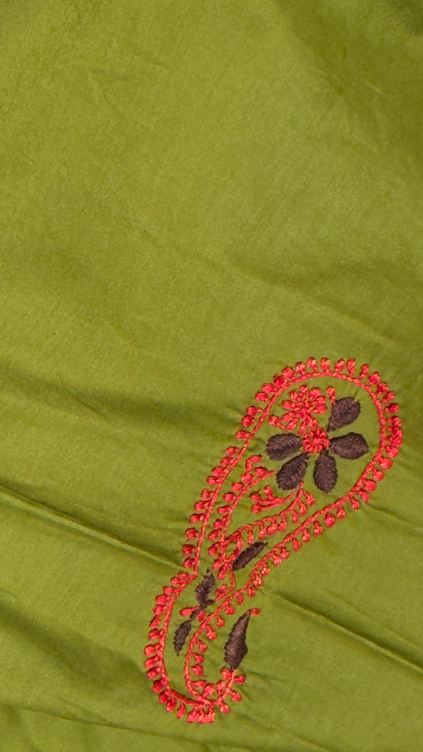 Olive green with red & pink - Unstitched kurta/ top piece in cotton