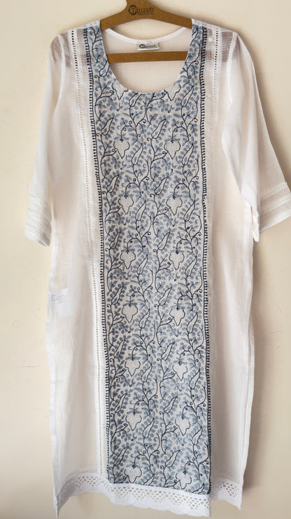 White kota kurta with Grey and blue Chikankari embroidery on the panel