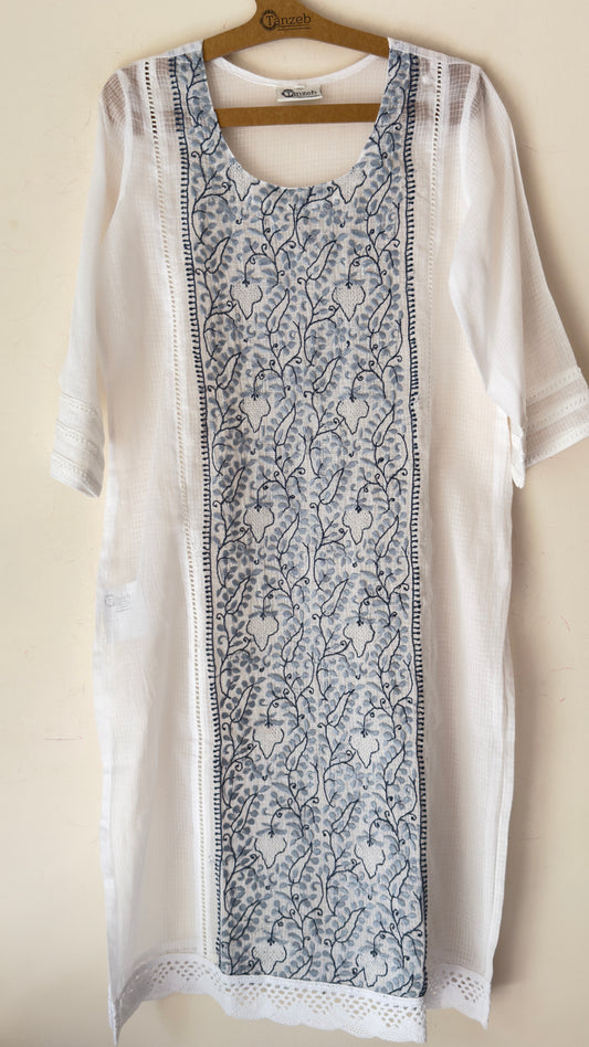 White kota kurta with Grey and blue Chikankari embroidery on the panel