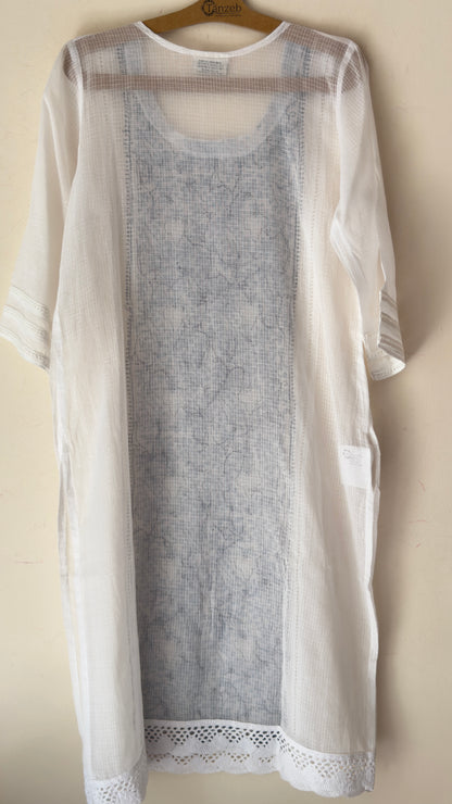 White kota kurta with Grey and blue Chikankari embroidery on the panel