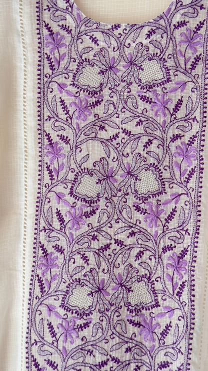 White kota kurta with shades of lavender Chikankari embroidery