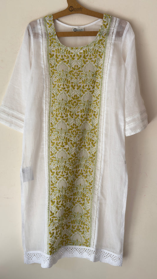 White kota Kurta with green and yellow Chikankari embroidery