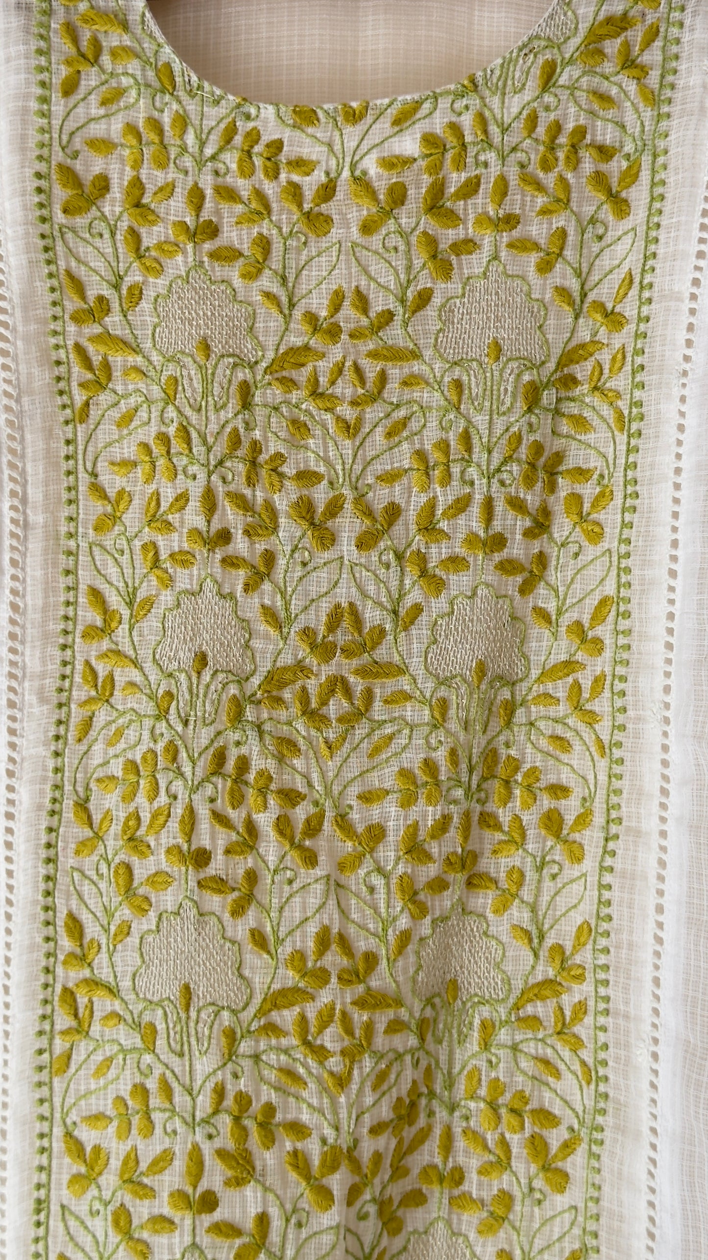 White kota Kurta with green and yellow Chikankari embroidery