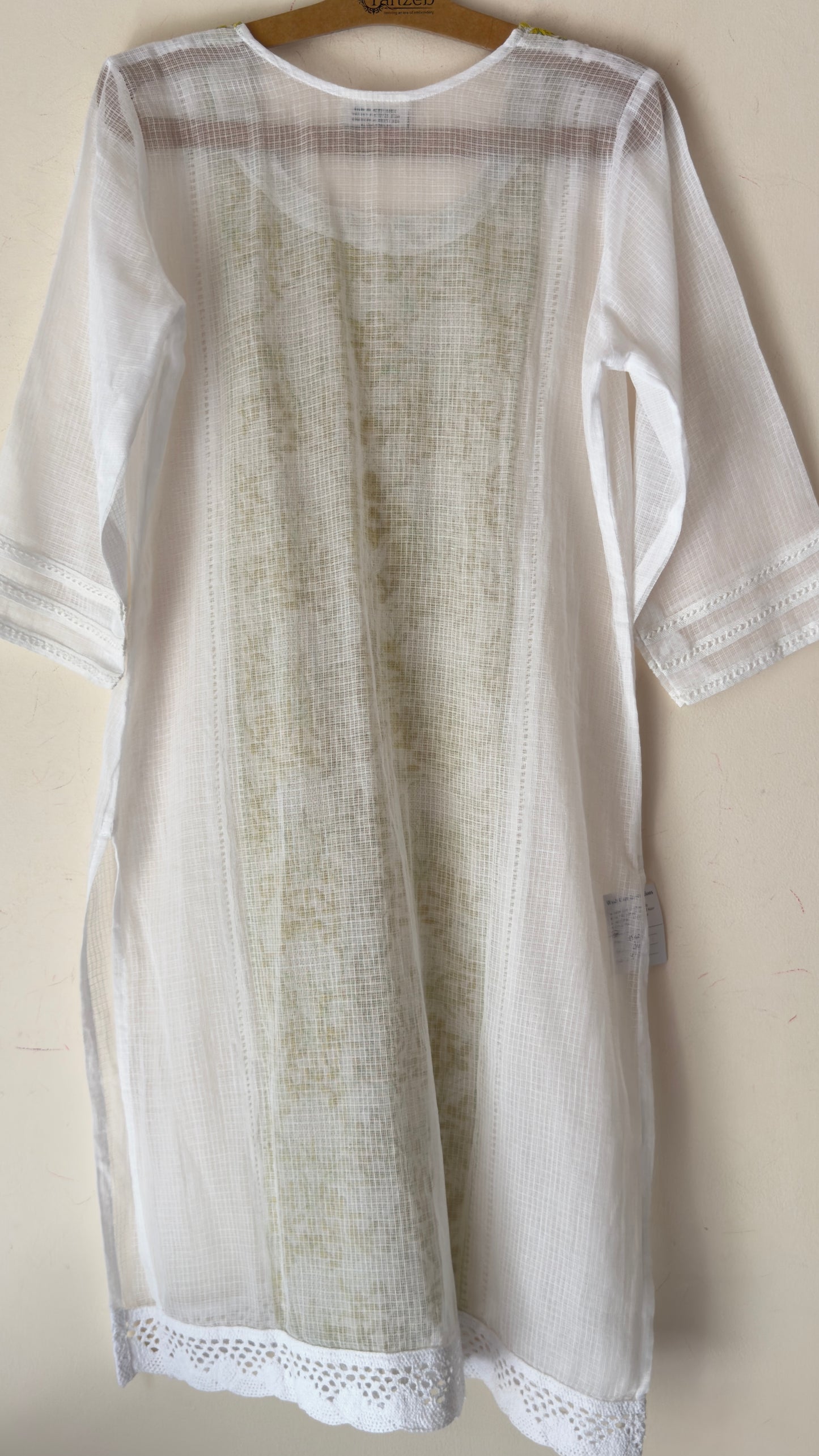 White kota Kurta with green and yellow Chikankari embroidery