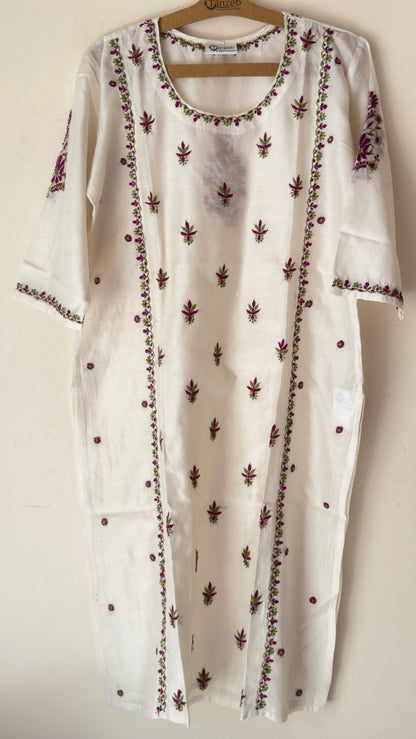 Chanderi with purple and green Chikankari embroidery on the kurta