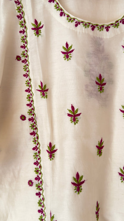 Chanderi with purple and green Chikankari embroidery on the kurta