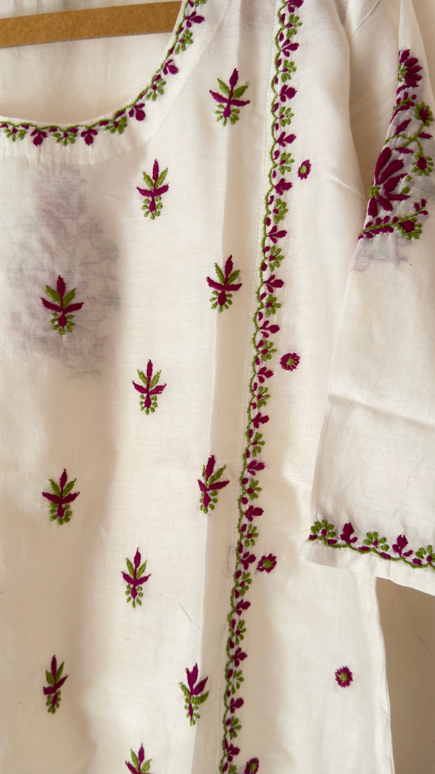 Chanderi with purple and green Chikankari embroidery on the kurta