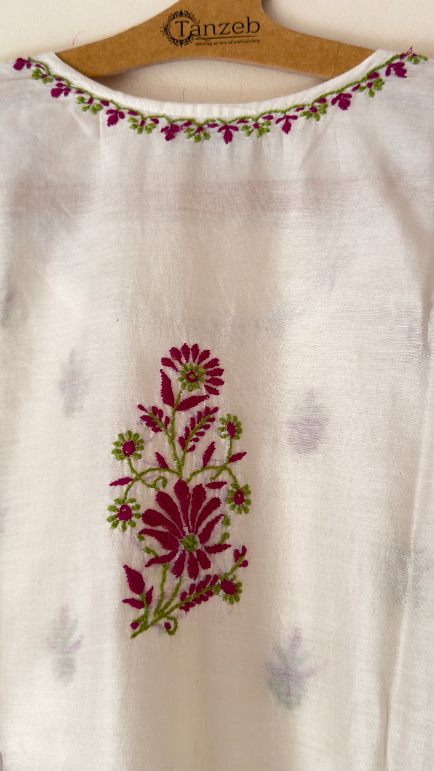 Chanderi with purple and green Chikankari embroidery on the kurta