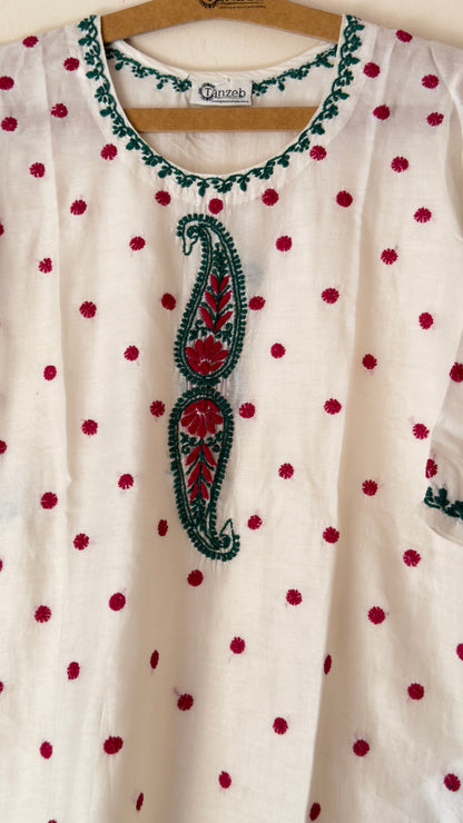 Chanderi cotton Kurta with green and dark pink Chikankari embroidery