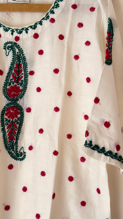 Chanderi cotton Kurta with green and dark pink Chikankari embroidery