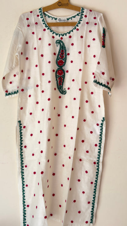 Chanderi cotton Kurta with green and dark pink Chikankari embroidery