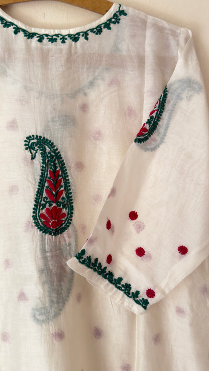 Chanderi cotton Kurta with green and dark pink Chikankari embroidery