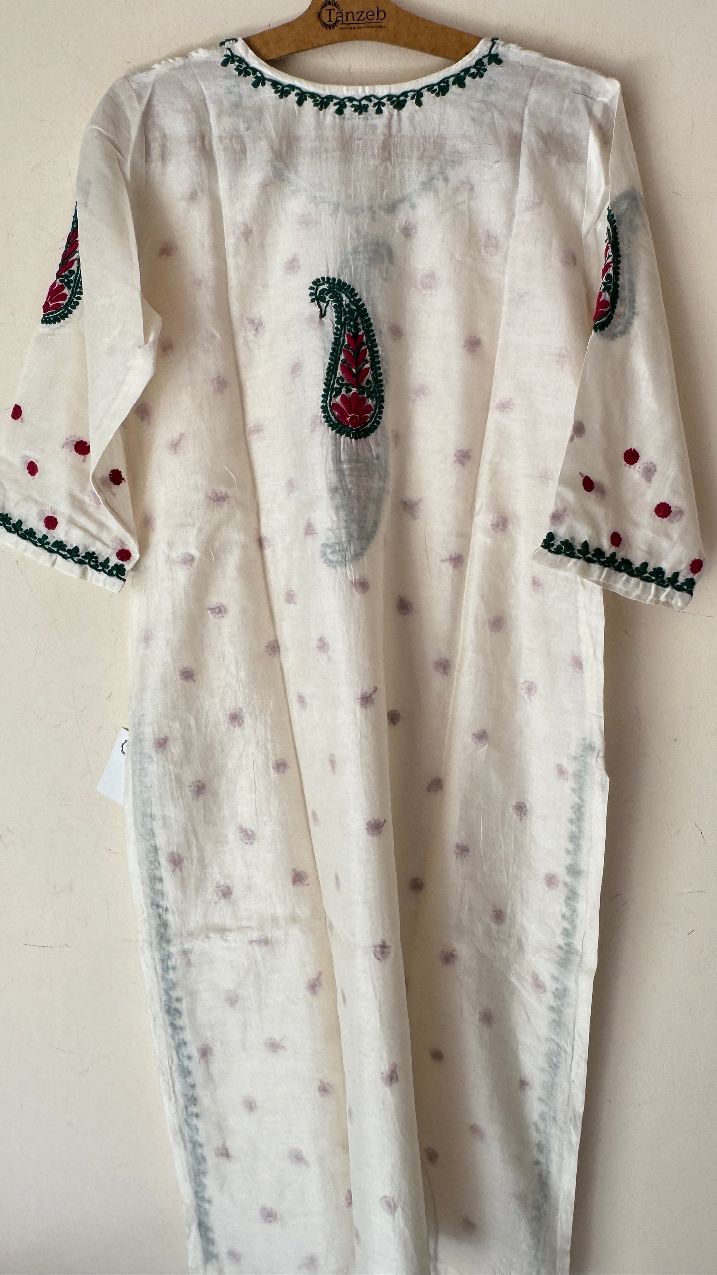 Chanderi cotton Kurta with green and dark pink Chikankari embroidery