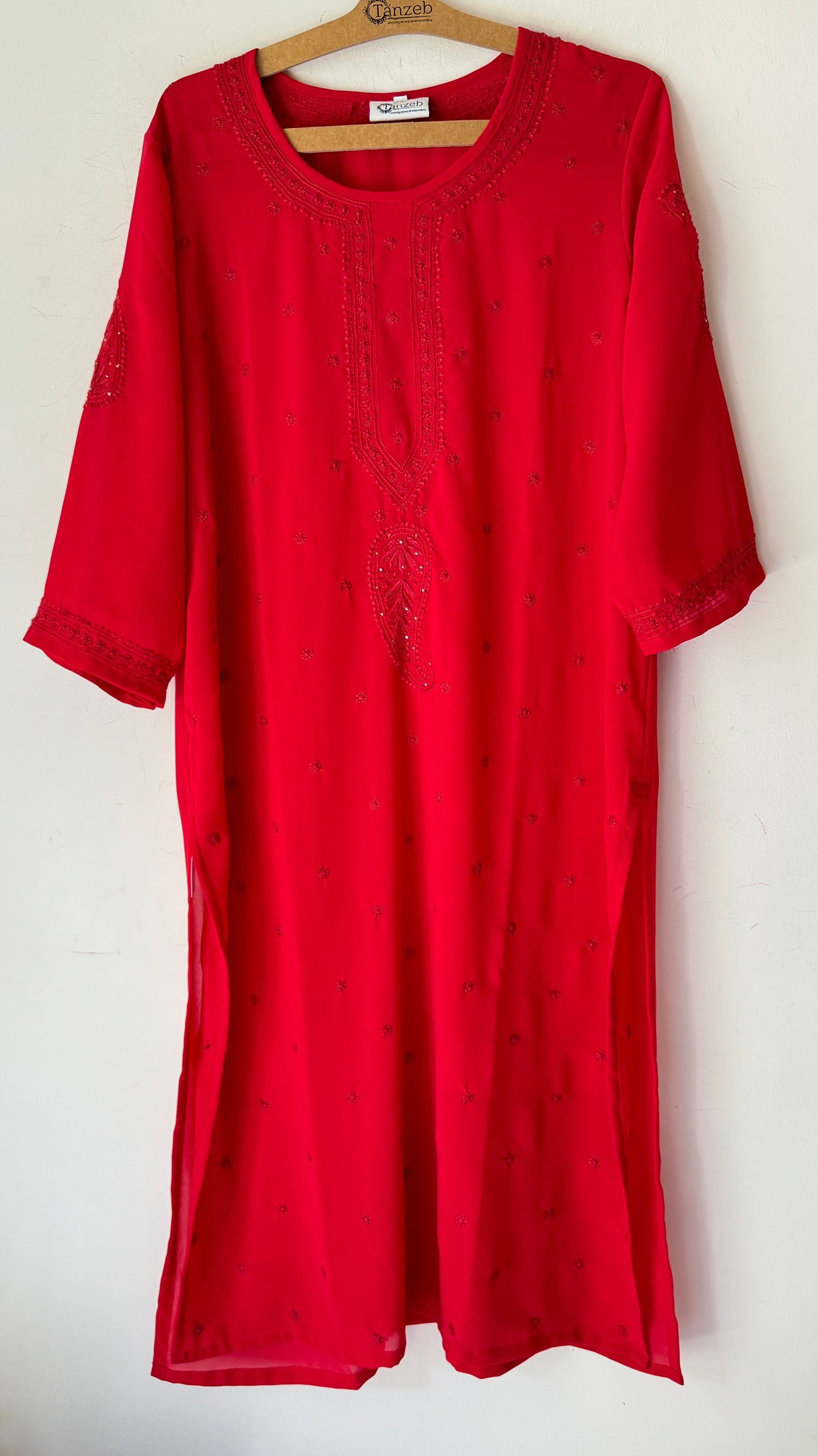 Georgette red with red Chikankari and mukaish work