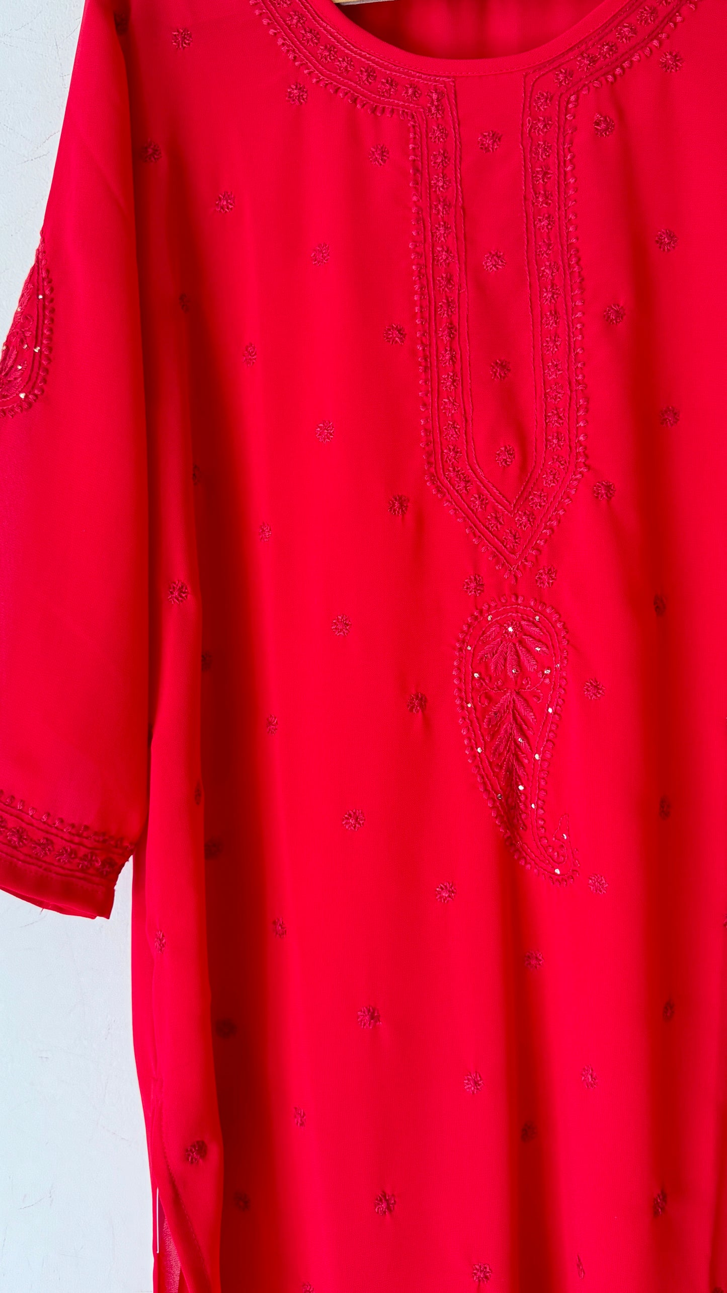 Georgette red with red Chikankari and mukaish work