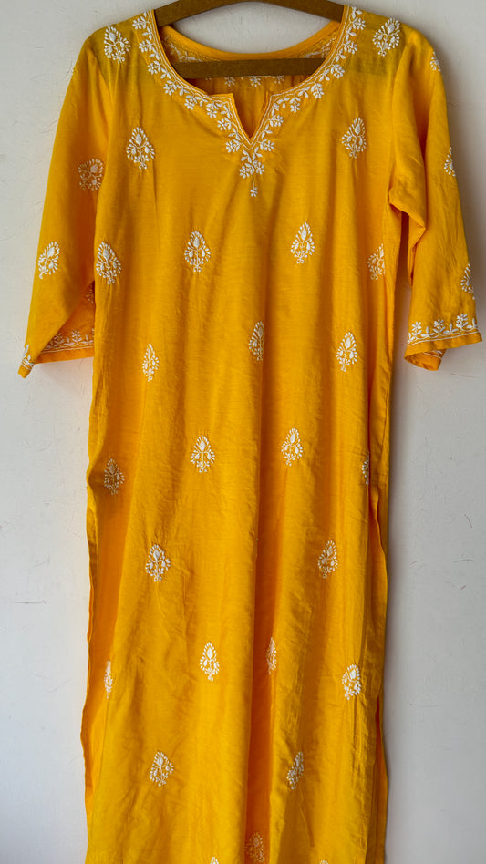 Yellow Cotton silk Kurta with white Chikankari embroidery