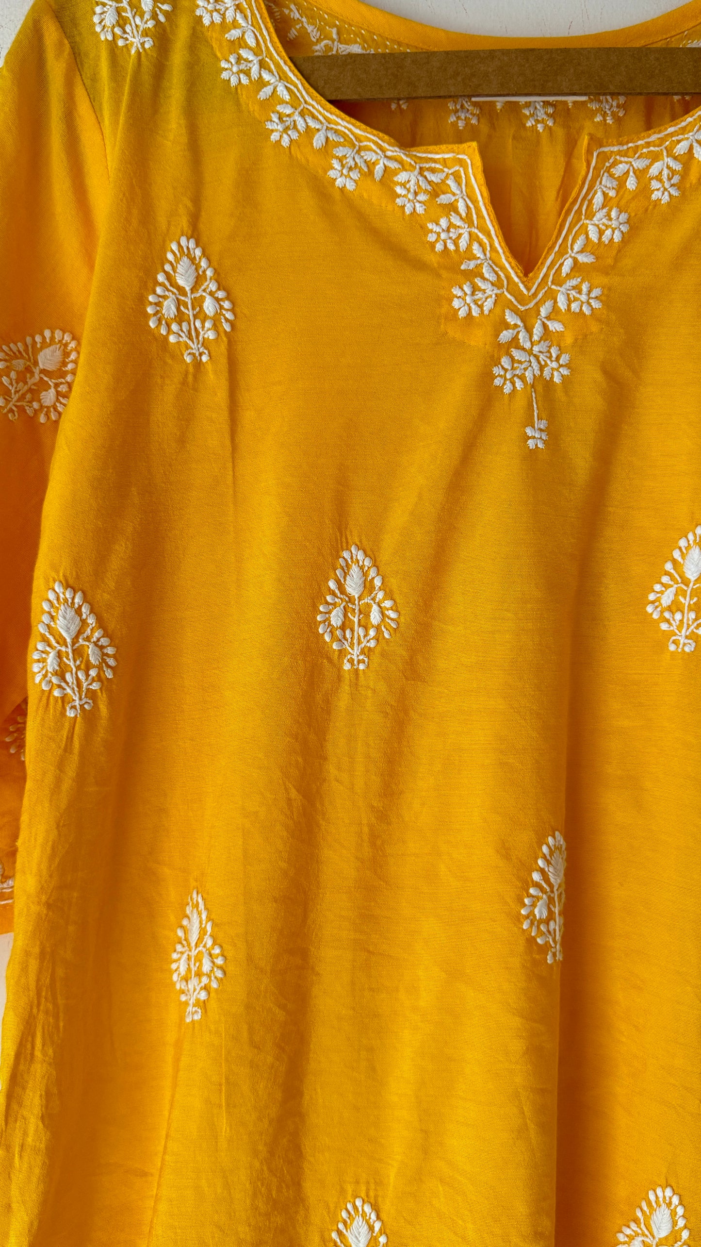 Yellow Cotton silk Kurta with white Chikankari embroidery