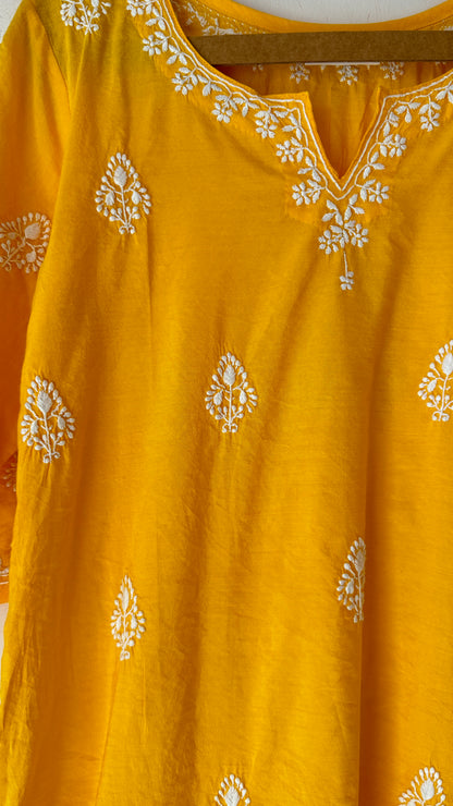 Yellow Cotton silk Kurta with white Chikankari embroidery