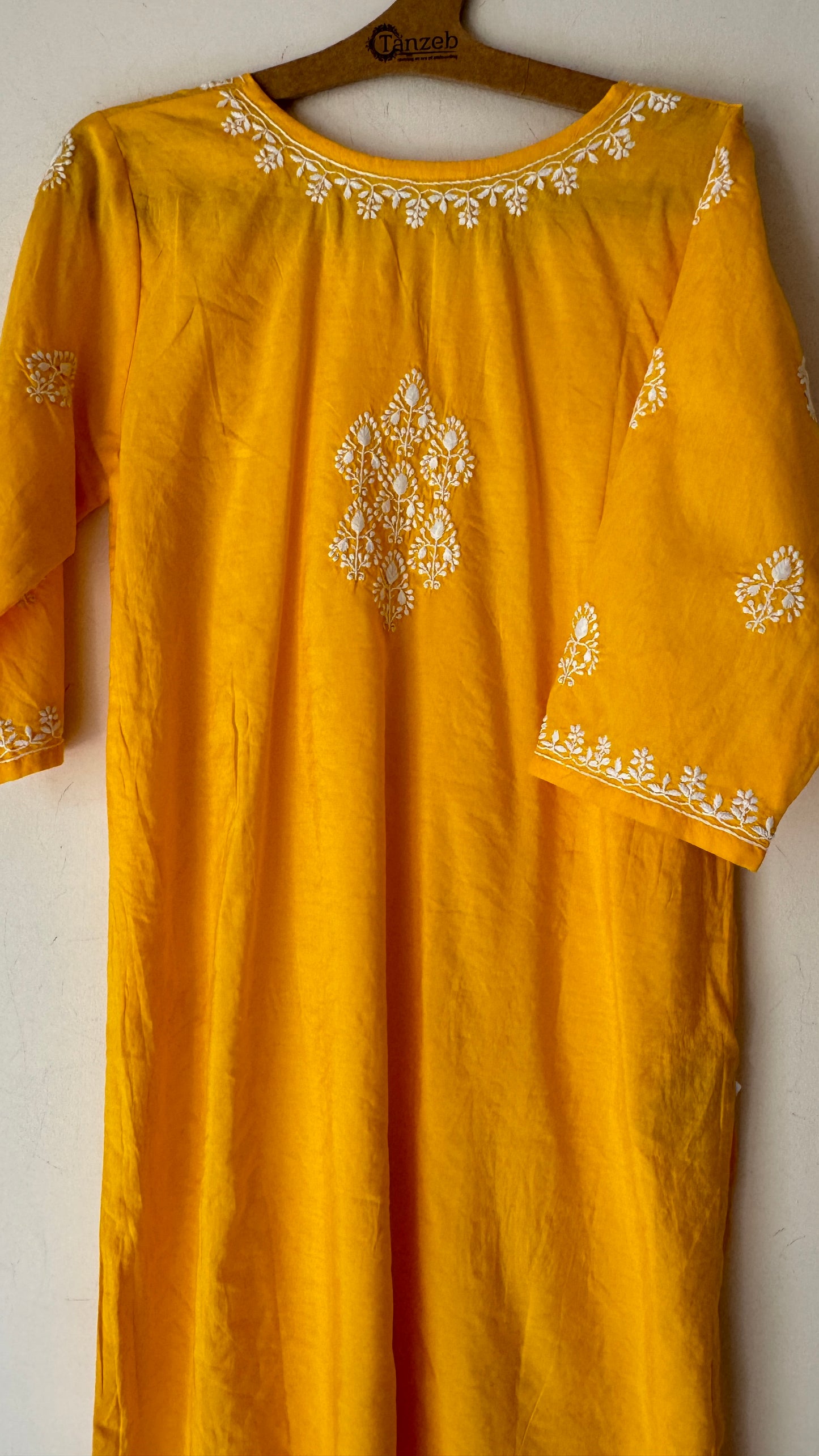 Yellow Cotton silk Kurta with white Chikankari embroidery