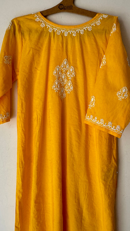 Yellow Cotton silk Kurta with white Chikankari embroidery