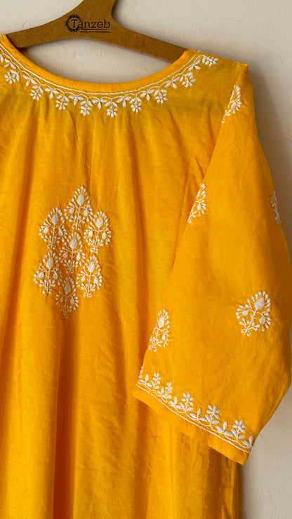 Yellow Cotton silk Kurta with white Chikankari embroidery