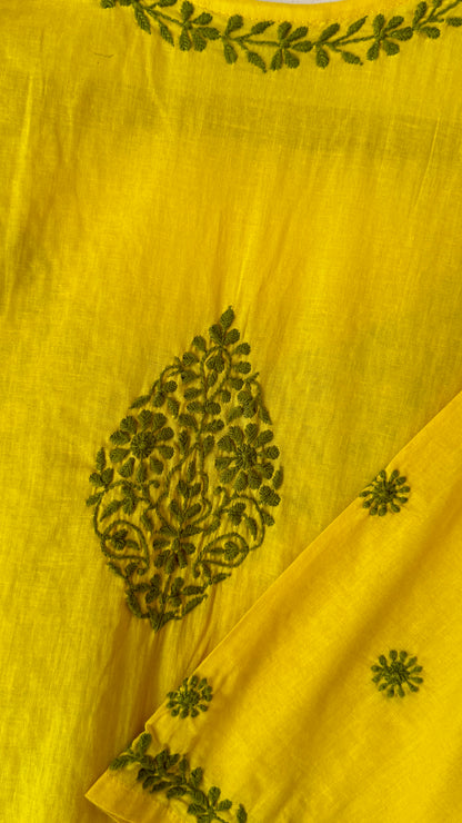 Yellow cotton kurta with green Chikankari embroidery