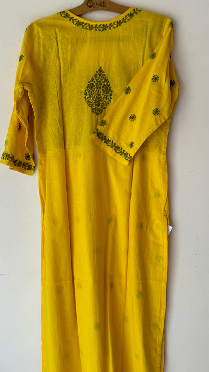 Yellow cotton kurta with green Chikankari embroidery