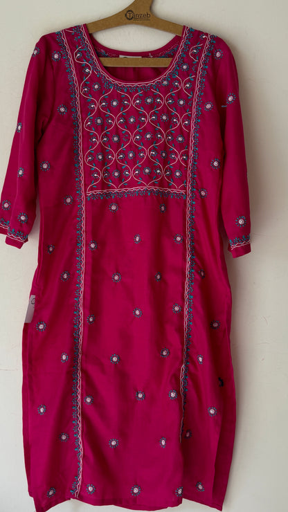 Rani pink terry mix with white and teal Chikankari embroidery on the kurta