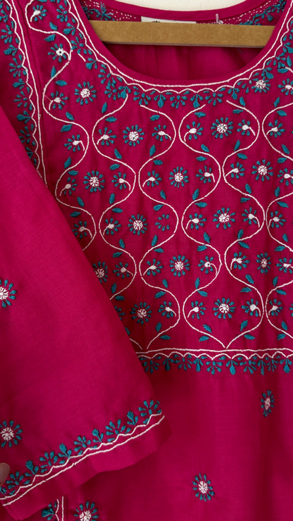 Rani pink terry mix with white and teal Chikankari embroidery on the kurta