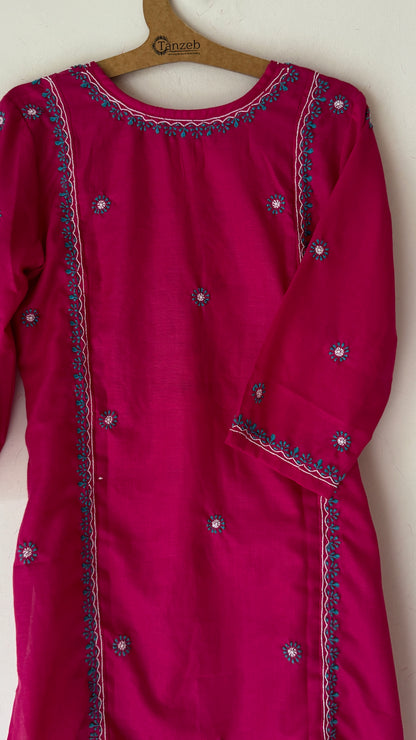 Rani pink terry mix with white and teal Chikankari embroidery on the kurta