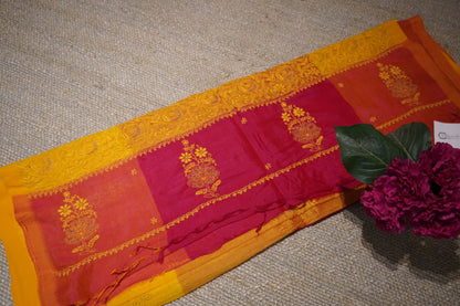 Chikankari silk cotton handloom saree - yellow and pink