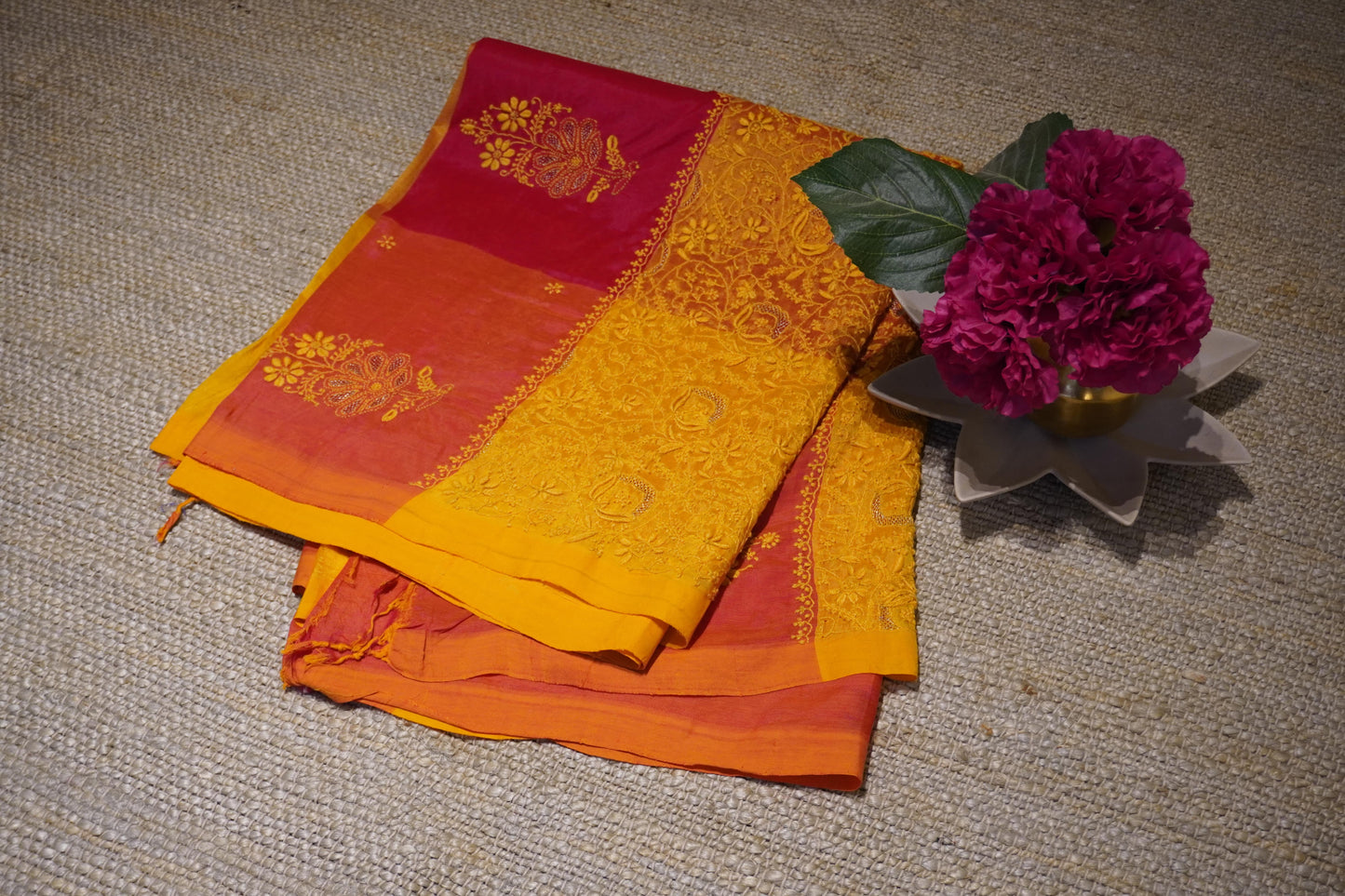 Chikankari silk cotton handloom saree - yellow and pink