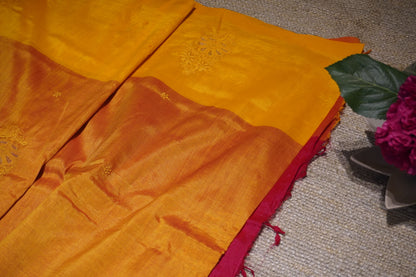 Chikankari silk cotton handloom saree - yellow and pink