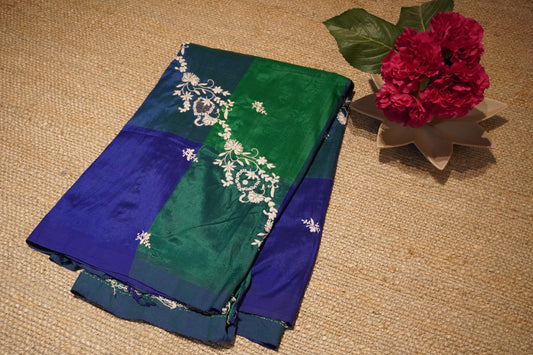 Chikankari silk cotton handloom saree in green and blue