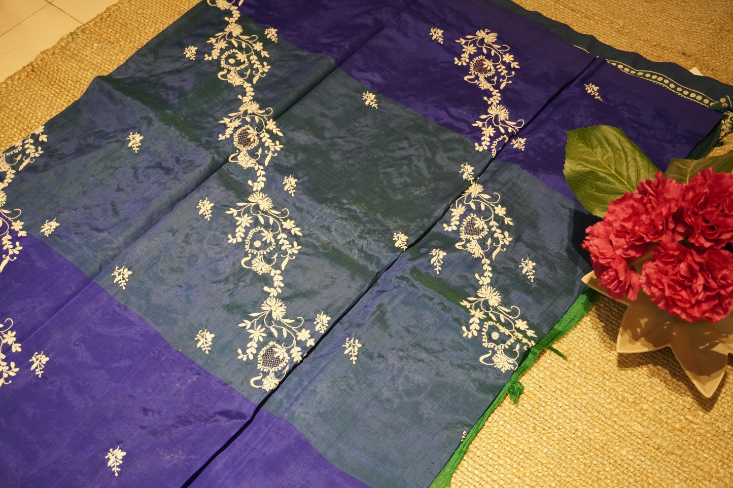 Chikankari silk cotton handloom saree in green and blue