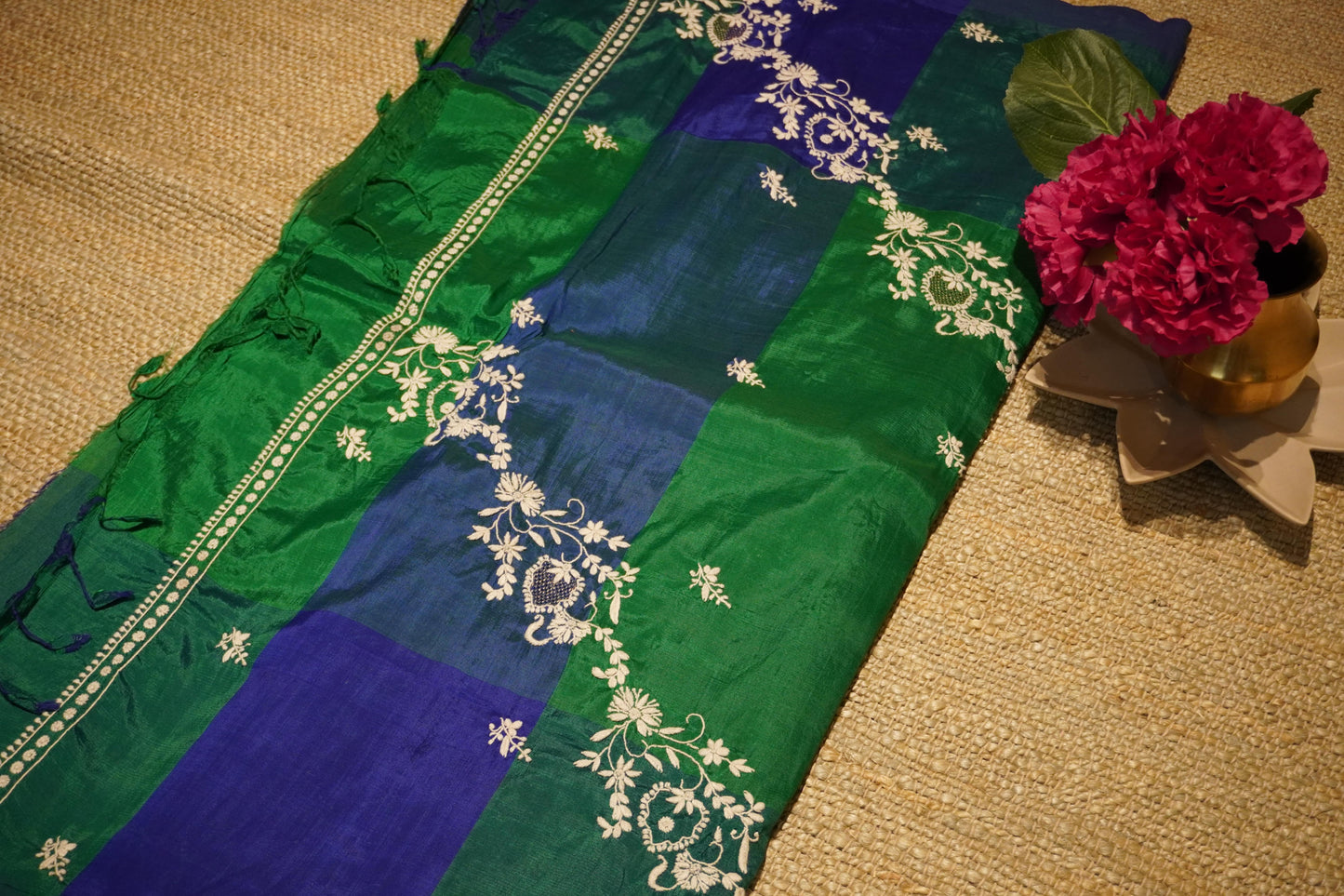 Chikankari silk cotton handloom saree in green and blue