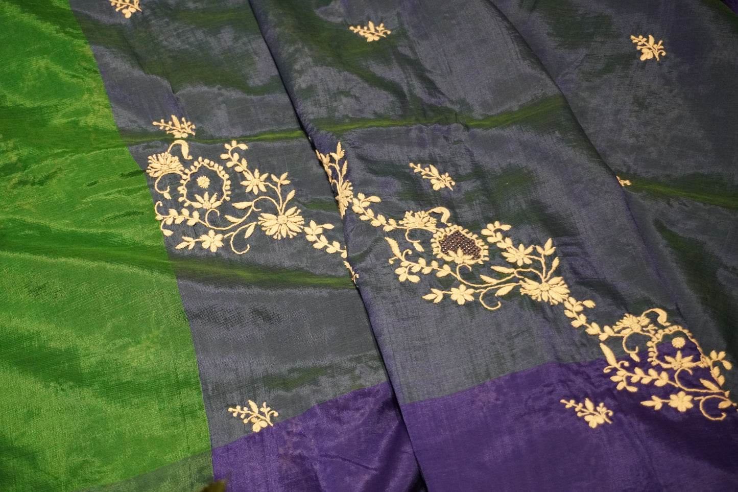 Chikankari silk cotton handloom saree in green and blue