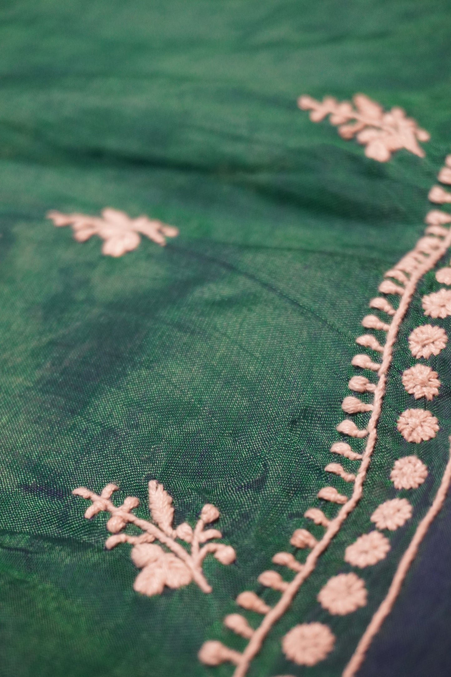 Chikankari silk cotton handloom saree in green and blue