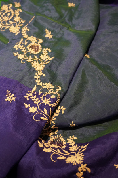 Chikankari silk cotton handloom saree in green and blue