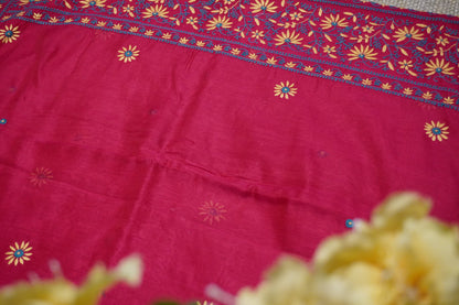 Chikankari Chanderi handloom Rani pink saree